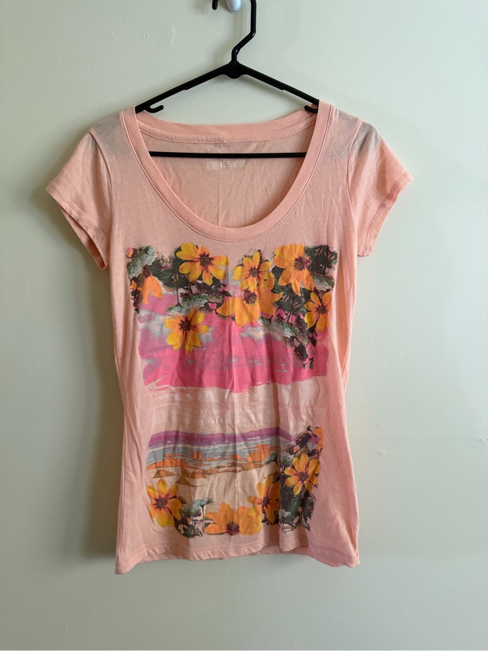 Mossimo Supply Co. Peach Scoop Neck Tee with Yellow Floral Print